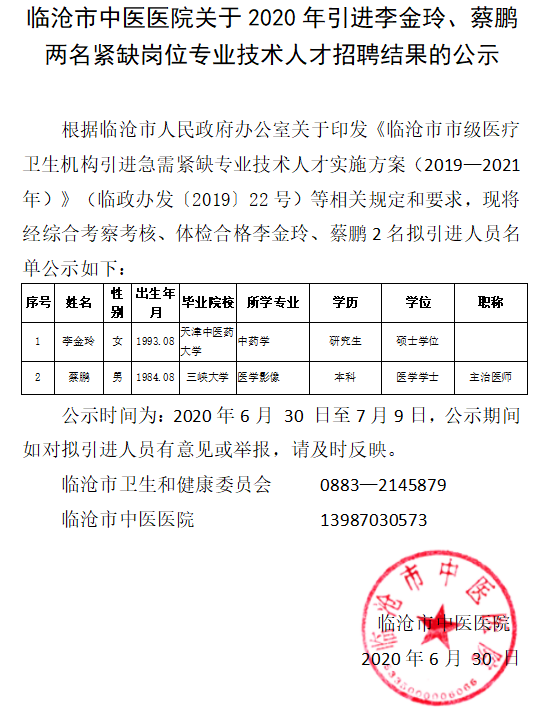 臨滄市中醫(yī)醫(yī)院關(guān)于2020年引進(jìn)李金玲、蔡鵬兩名緊缺崗位專業(yè)